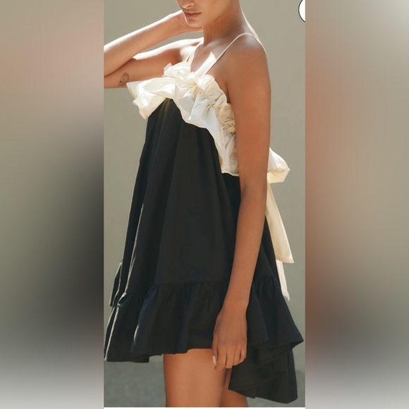 Anthropologie Babydoll Dress M | Black & White Ruffle Poplin | Romantic Style - Picture 3 of 10